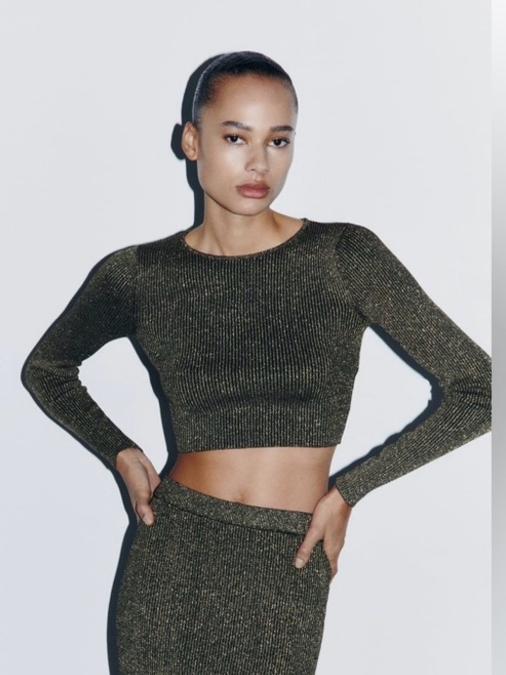 NWT Zara Metallic Gold Knit Crop Top Long Sleeve Shimmer Size M